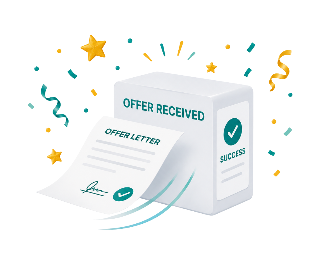 Illustration of an offer letter and a success package with confetti
